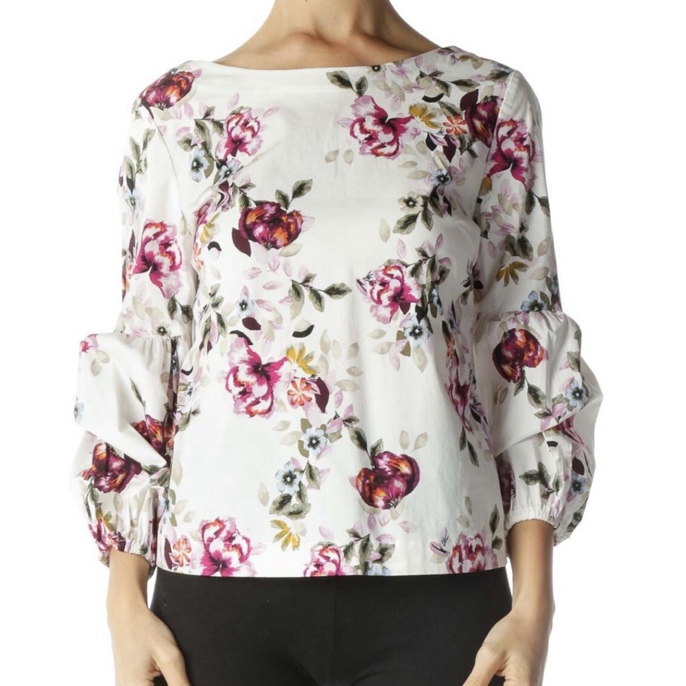 WHBM Floral Lantern Sleeve Blouse White Pink Cotton Size 8